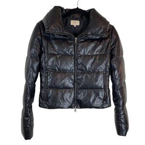 June Leather Full Zip Lined Cropped Puffer Goose Down Jacket Black Size S